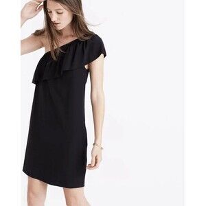 NWT Madewell Womens Black 100% Silk Ruffle Pocket Shoulder Mini Dress Sz 8 $145